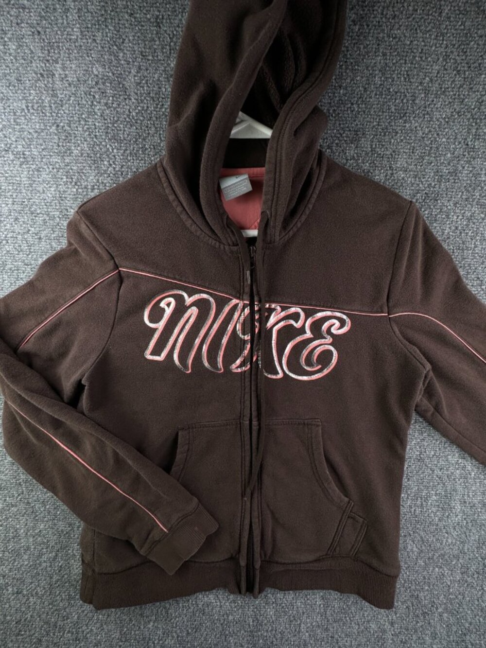 Nike Girls Size Large 12-14 Brown Full Zip Hooded Jacket Salmon Accents W Logo
